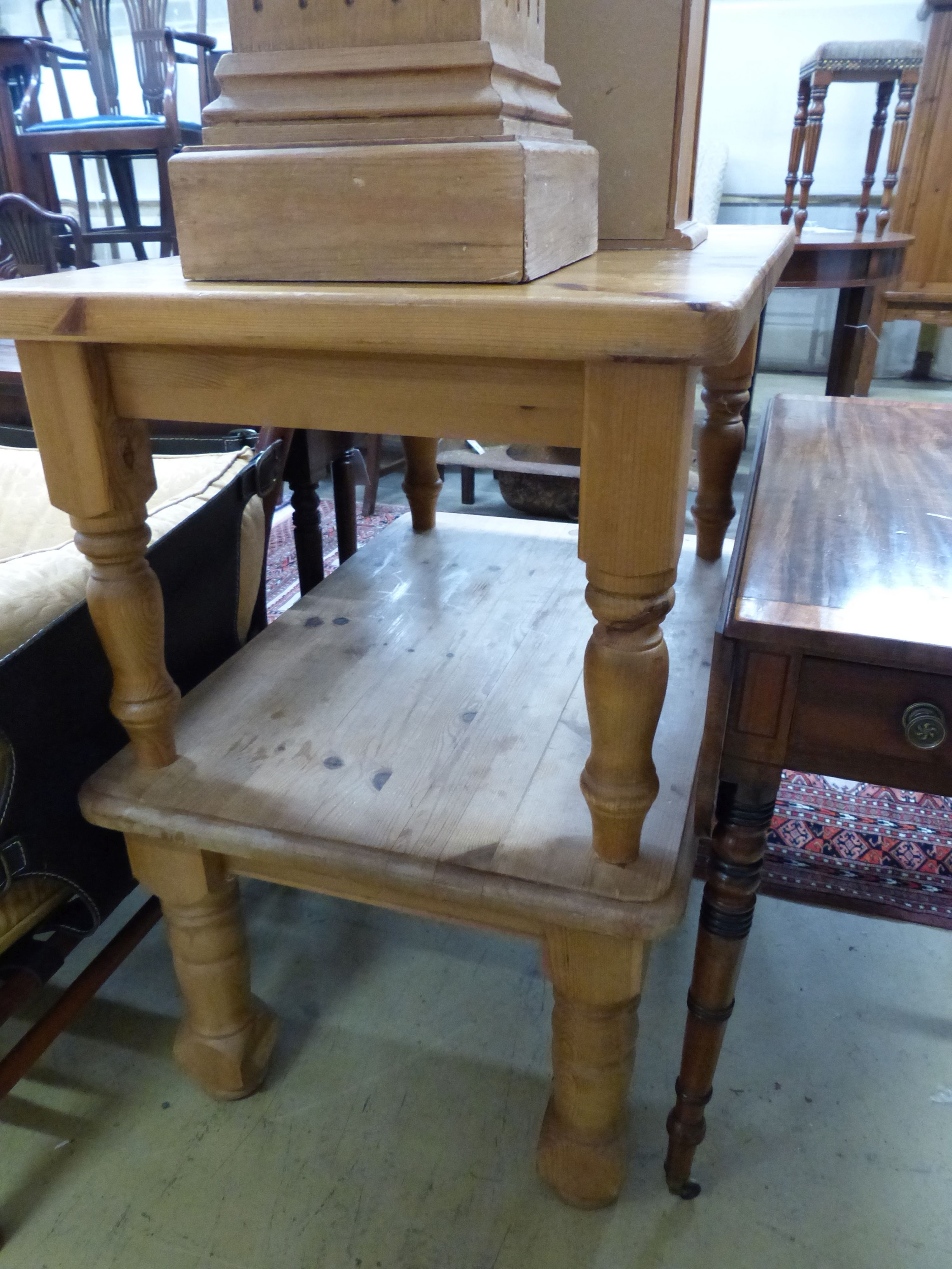 Two rectangular pine coffee tables, a pedestal and a wall cabinet